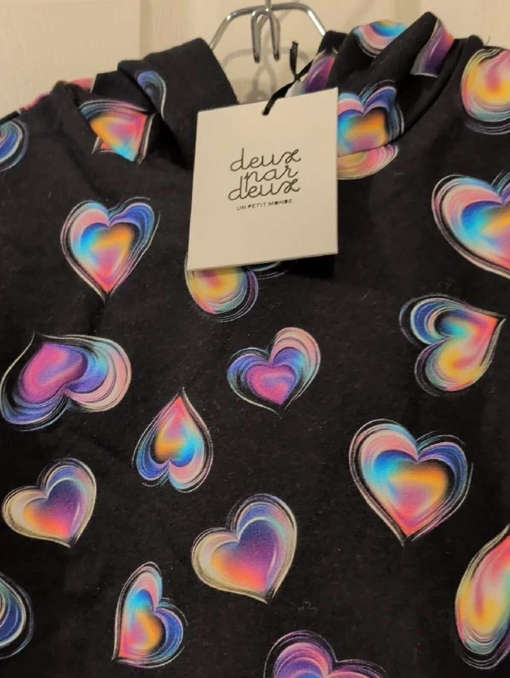 deux par deux Black Hoodie & Bottoms with Rainbow Hearts is cozy & cheerful! NWT